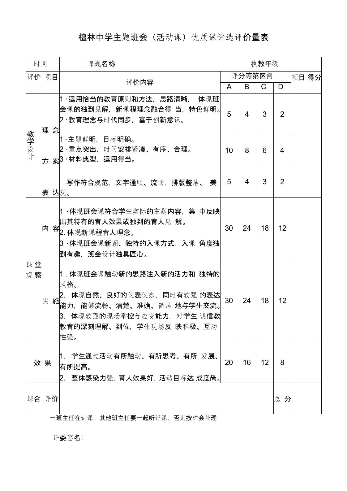 班会课评价表