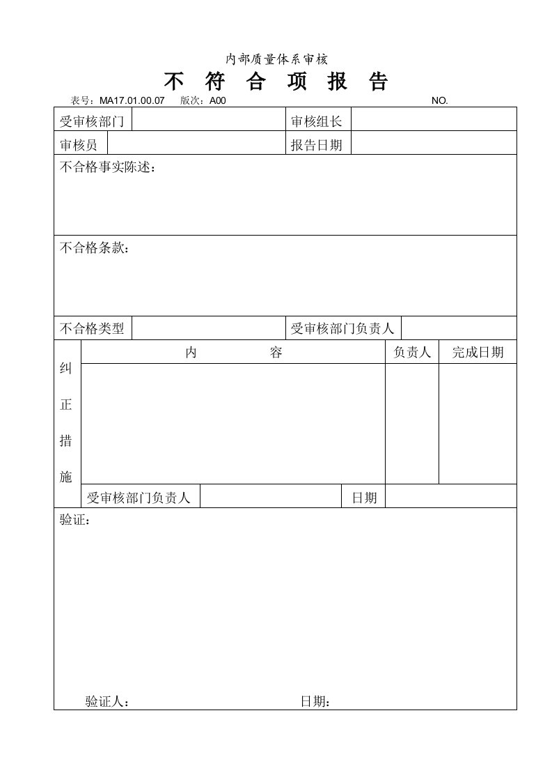 ISO9001质量管理体系记录表格－内审不符合项报告