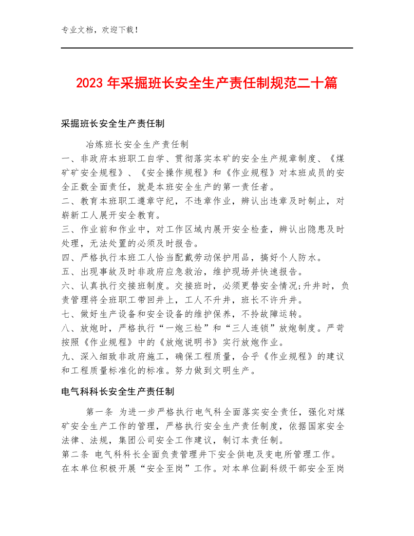 2023年采掘班长安全生产责任制规范二十篇