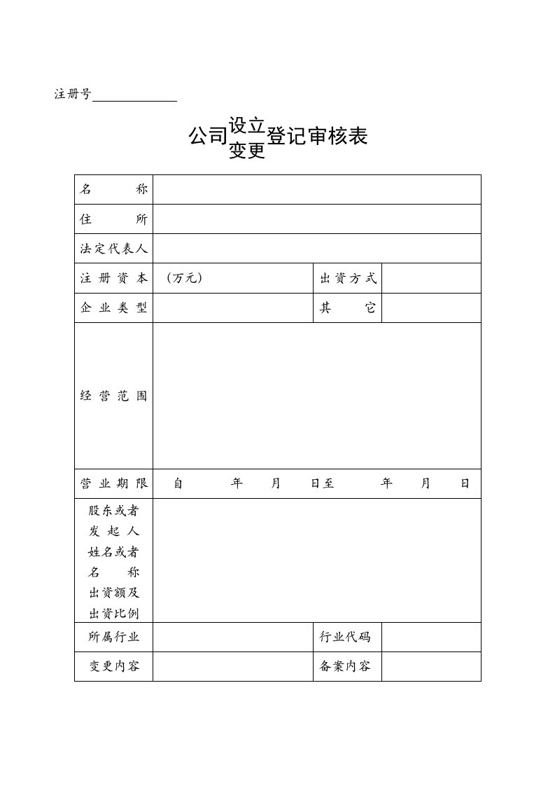 公司设立变更登记审核表