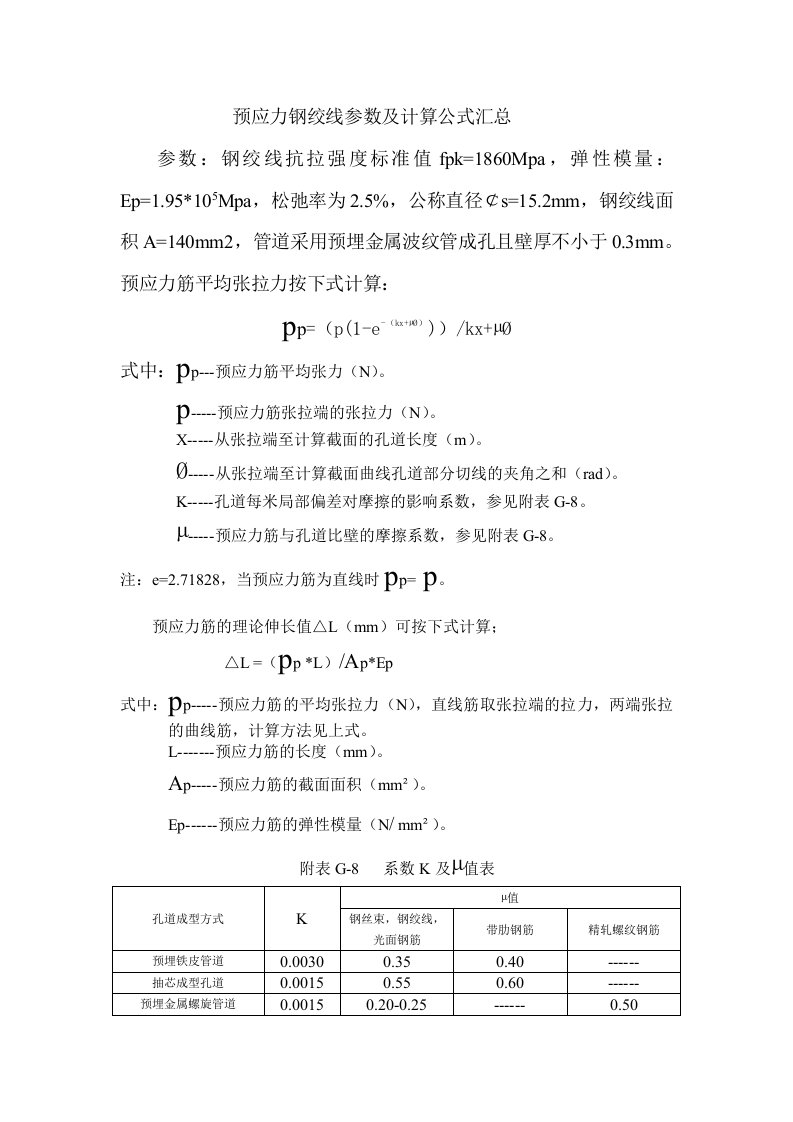 预应力钢绞线参数及计算公式汇总