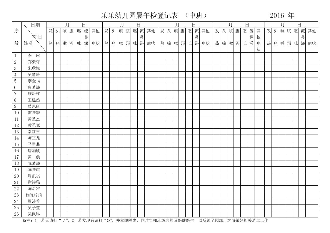 幼儿园晨检登记表