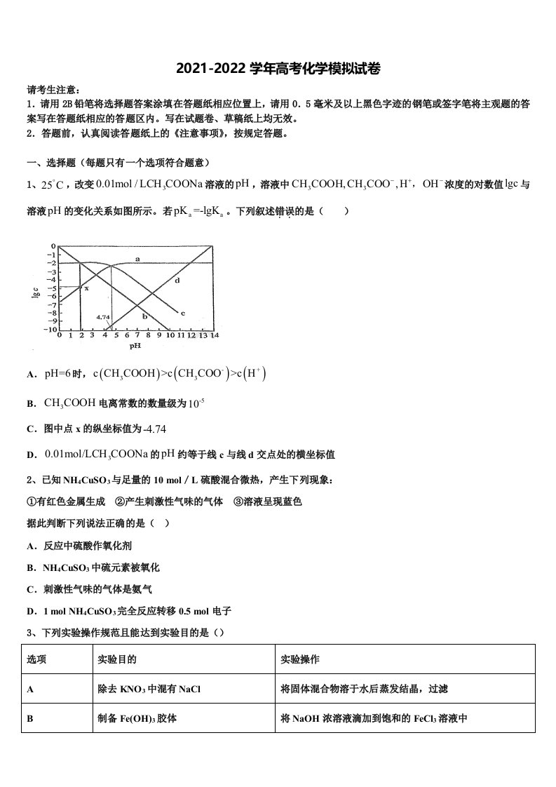 2021-2022学年鲁、鄂部分重点中学高三下第一次测试化学试题含解析