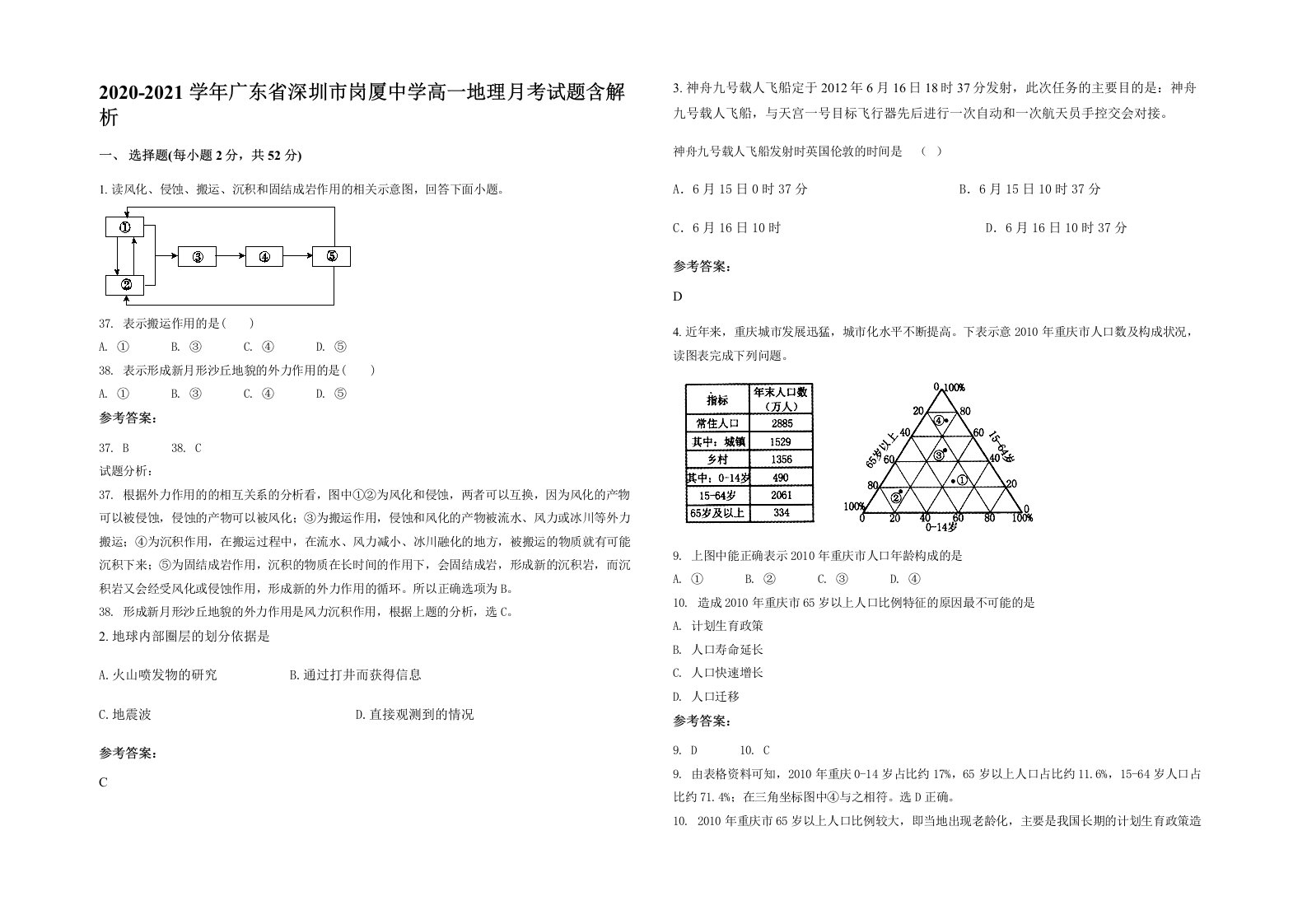 2020-2021学年广东省深圳市岗厦中学高一地理月考试题含解析