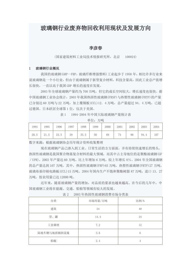 玻璃钢行业废弃物回收利用现状及发展方向