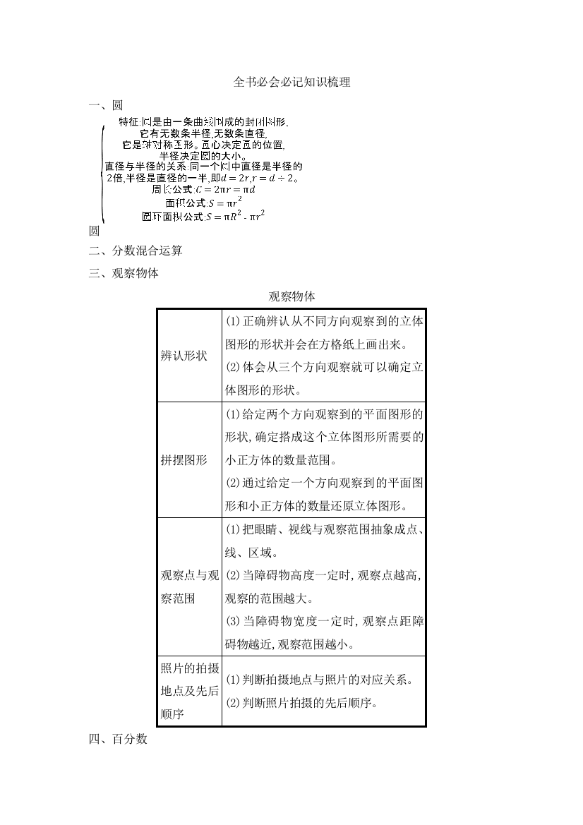 六年级上册数学素材全书必会必记知识梳理_北师大版（）