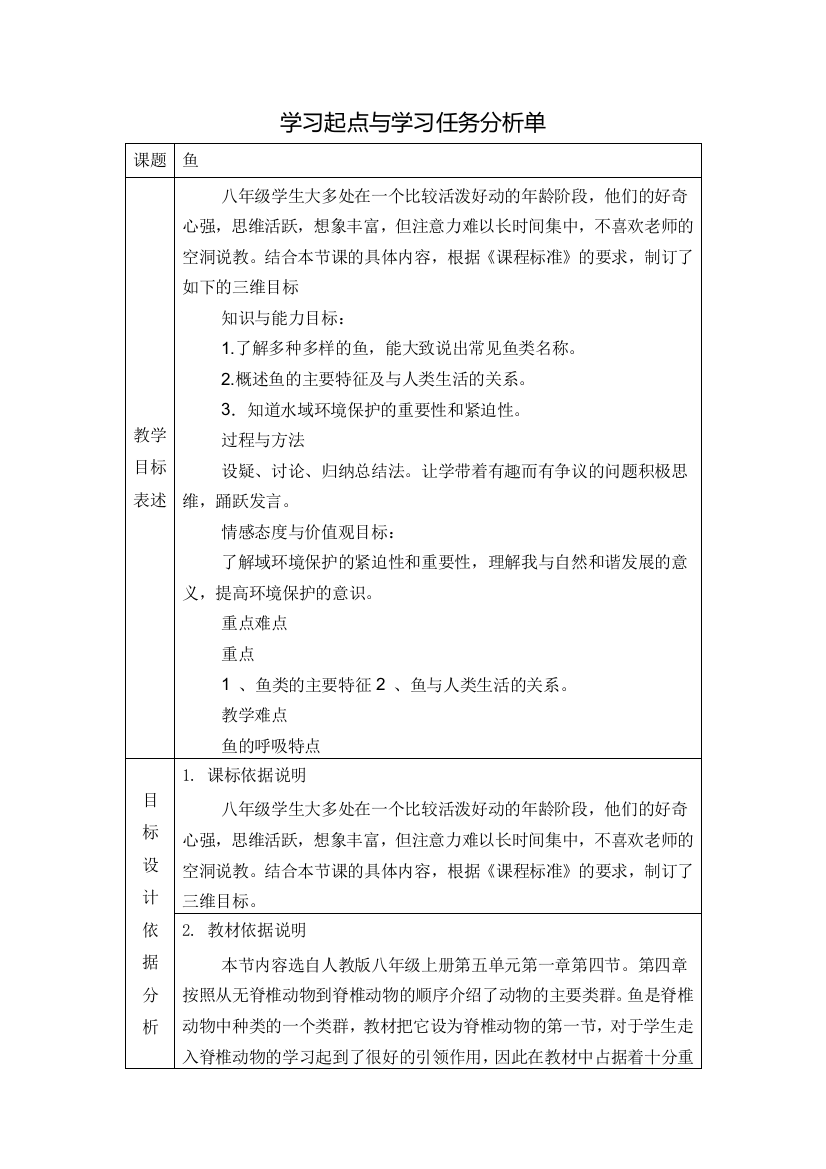 【中小学作业表单】学习起点与学习任务分析单