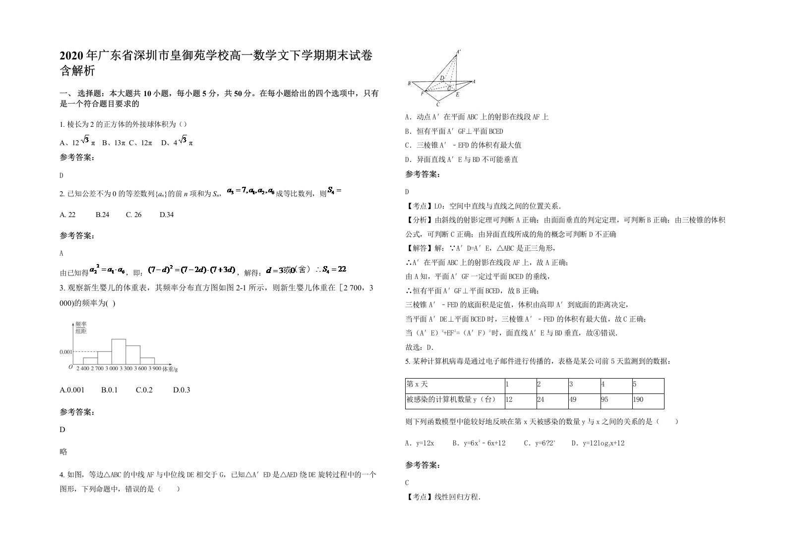 2020年广东省深圳市皇御苑学校高一数学文下学期期末试卷含解析