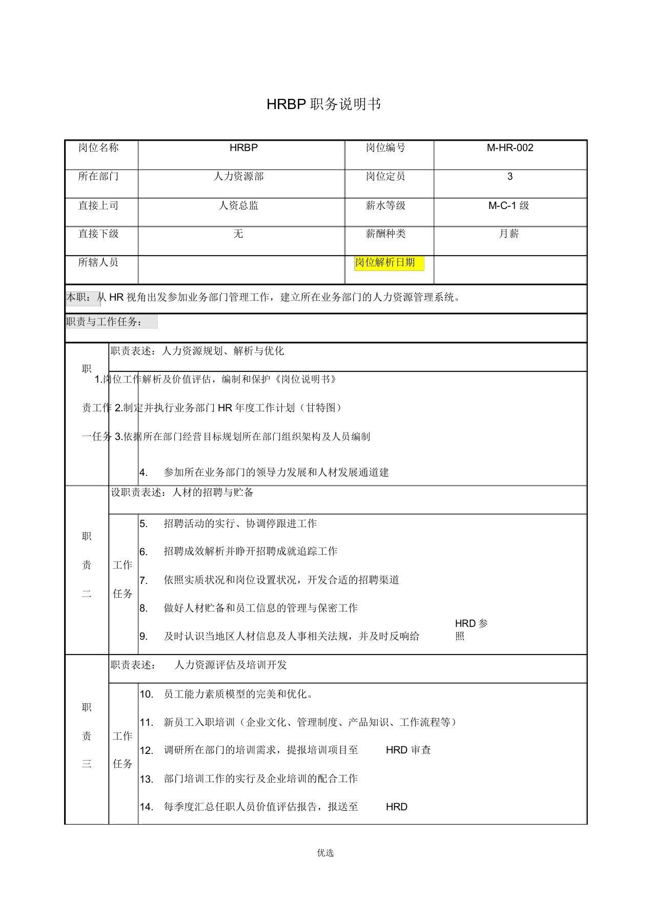 HRBP岗位说明书范文