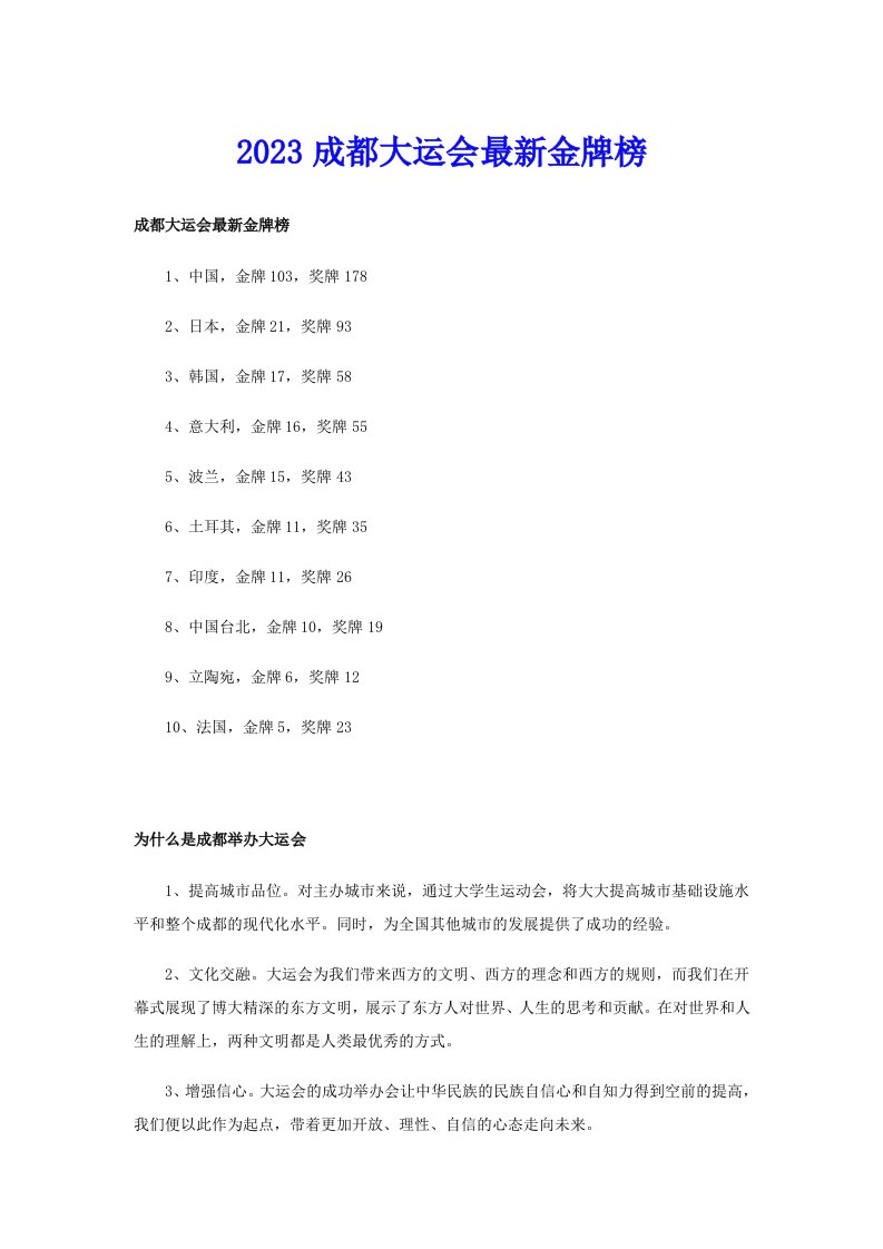 2023成都大运会最新金牌榜