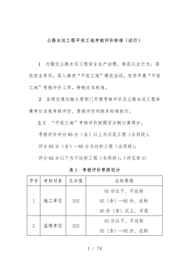 公路水运工程平安工地考核评价标准