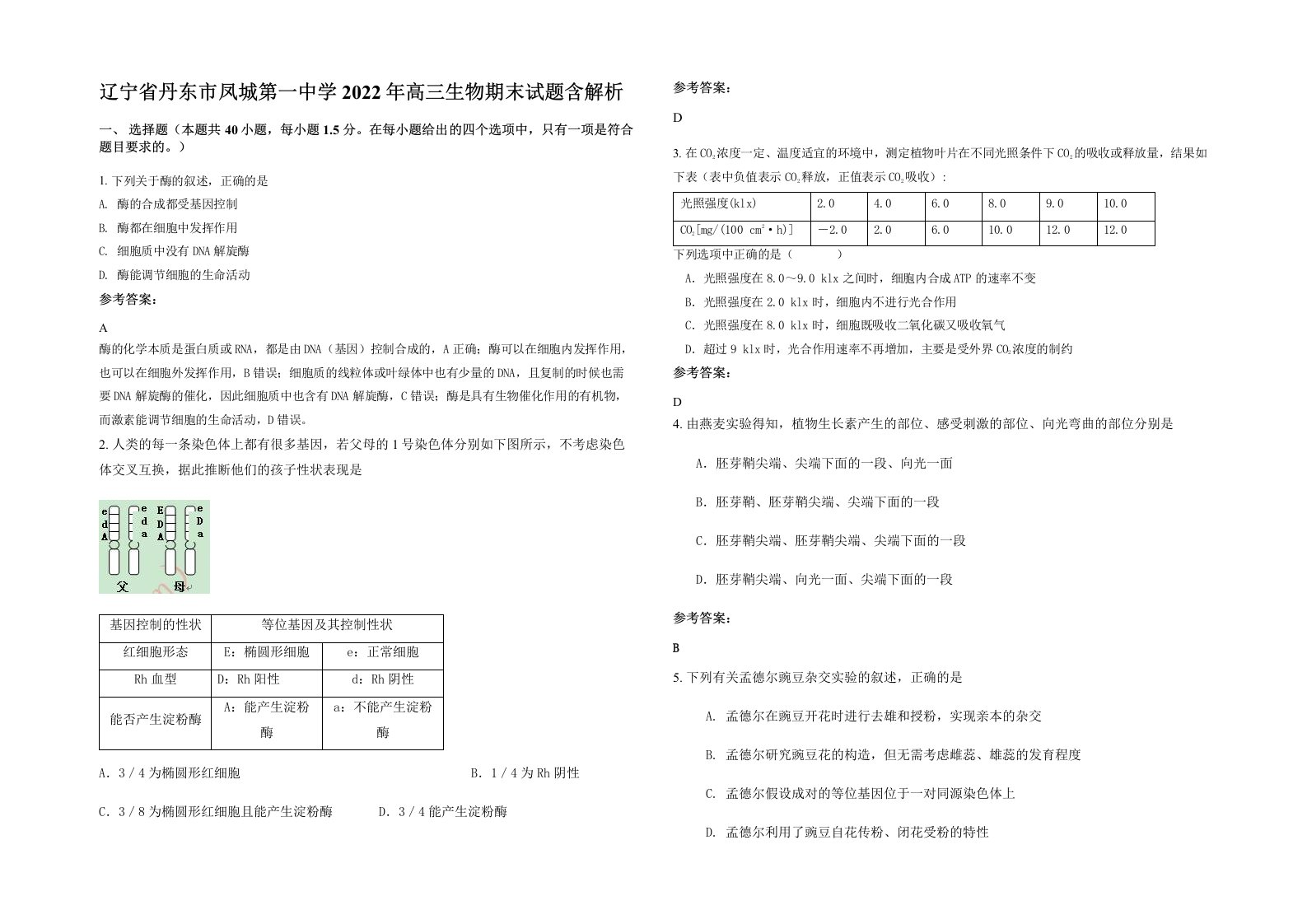 辽宁省丹东市凤城第一中学2022年高三生物期末试题含解析