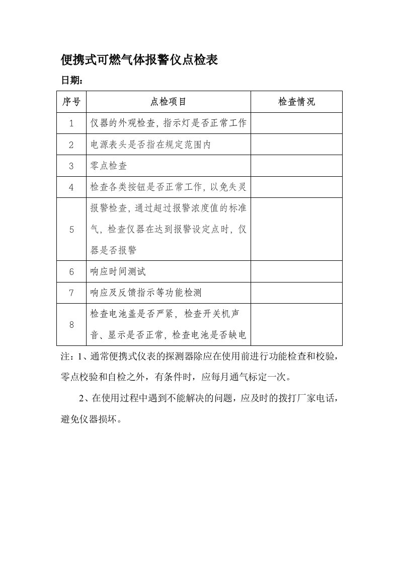 便携式可燃气体报警仪点检表