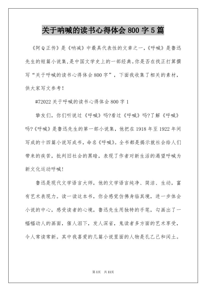 关于呐喊的读书心得体会800字5篇