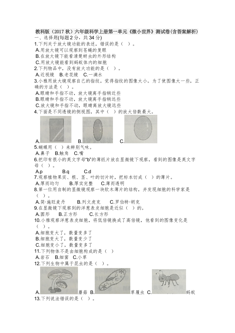 教科版六年级科学上册第一单元《微小世界》测试试卷