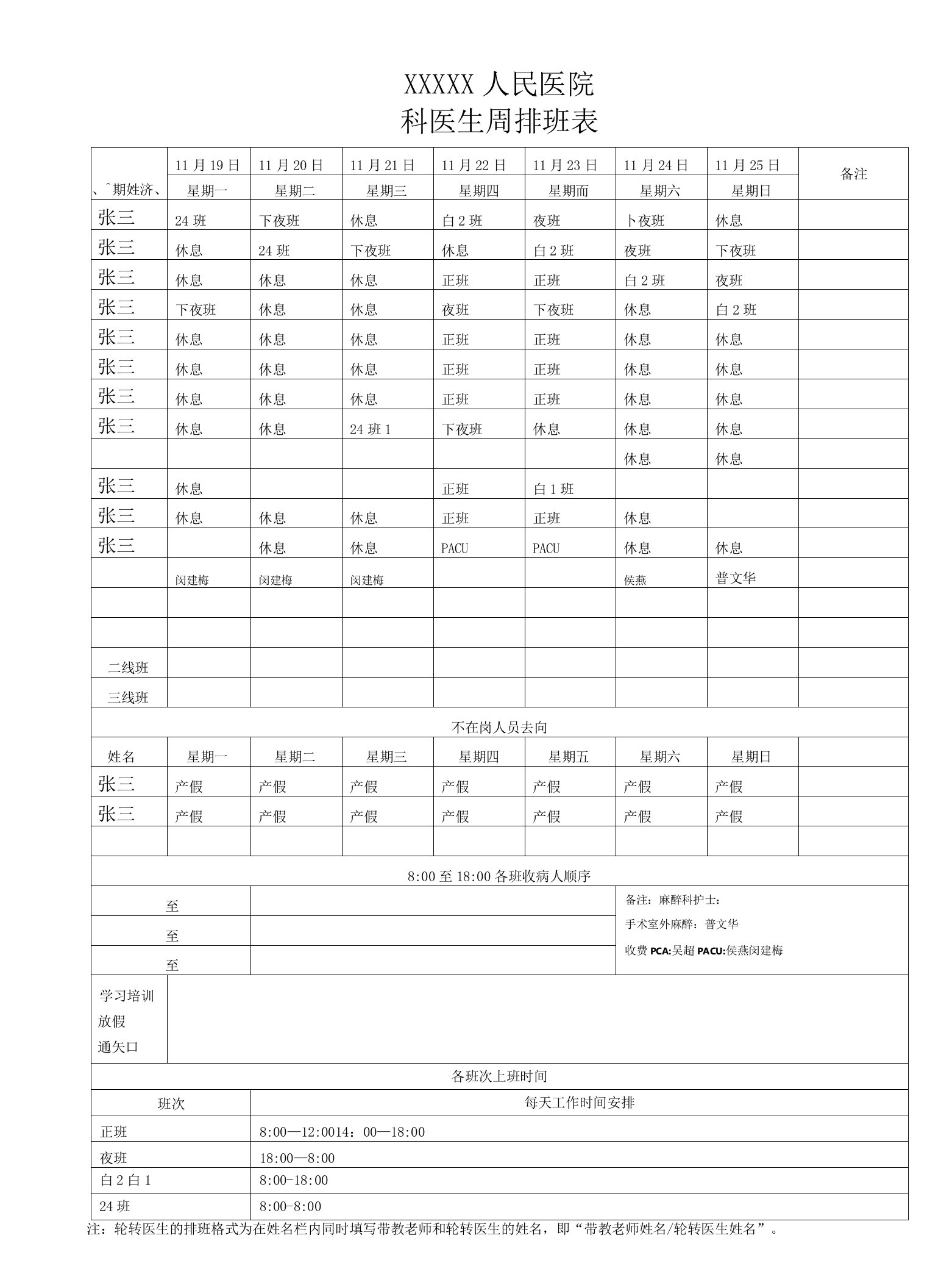 医生排班表模板