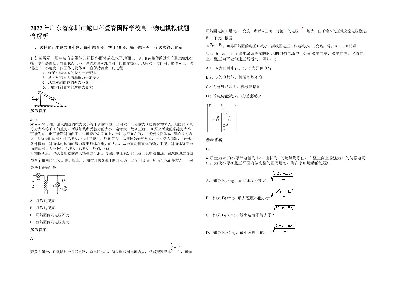 2022年广东省深圳市蛇口科爱赛国际学校高三物理模拟试题含解析