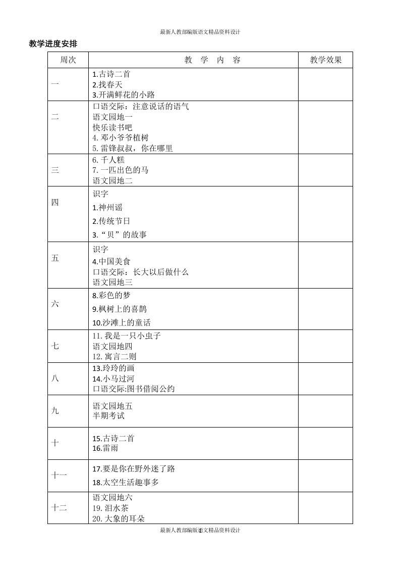 人教部编版小学二年级下册语文表格式教案（全册91页）