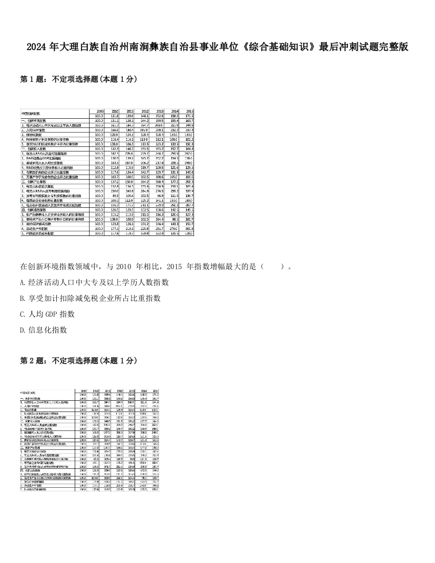 2024年大理白族自治州南涧彝族自治县事业单位《综合基础知识》最后冲刺试题完整版