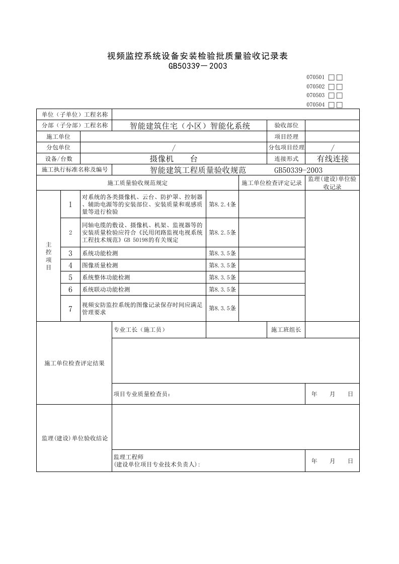 视频监控系统检验批质量验收记录表