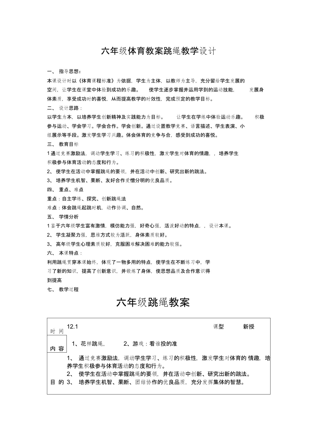 六年级体育教案跳绳教学设计(1)