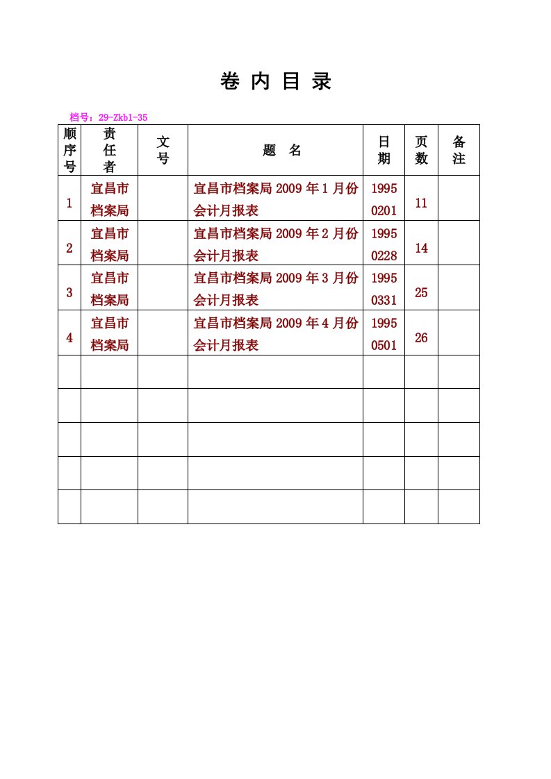 会计档案卷内目录