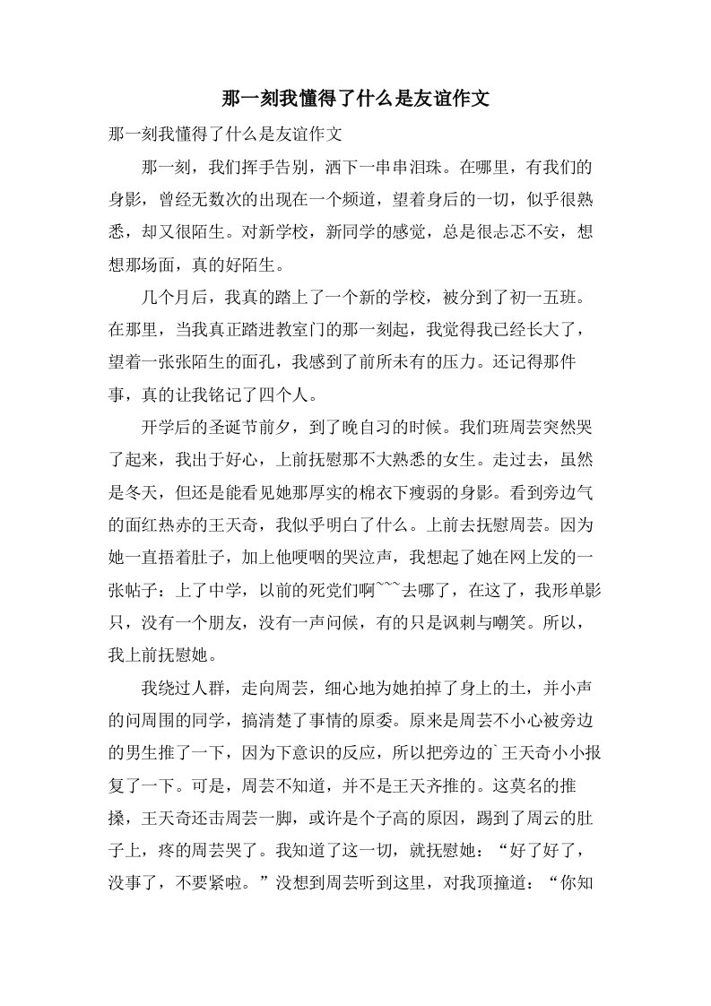 那一刻我懂得了什么是友谊作文