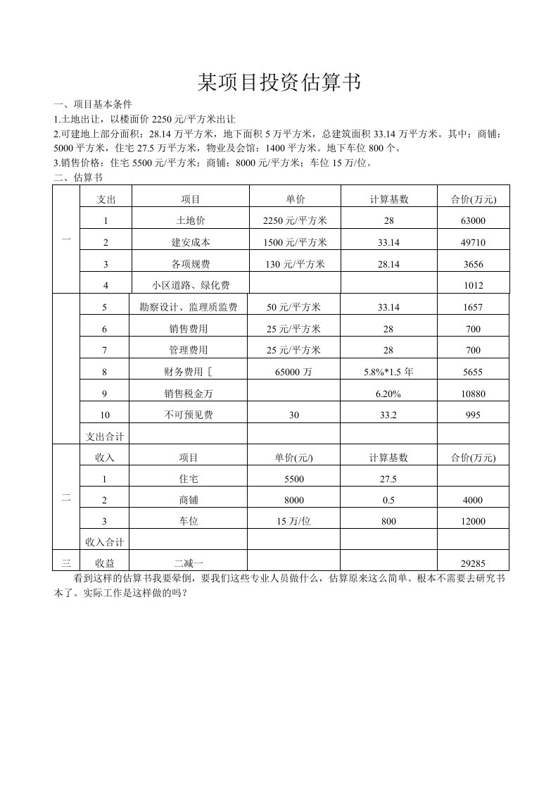 房地产经营管理-一份房地产前期测算估算书