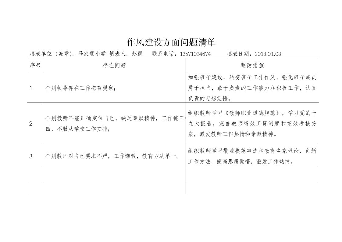 马家堡小学四个专项治理问题清单