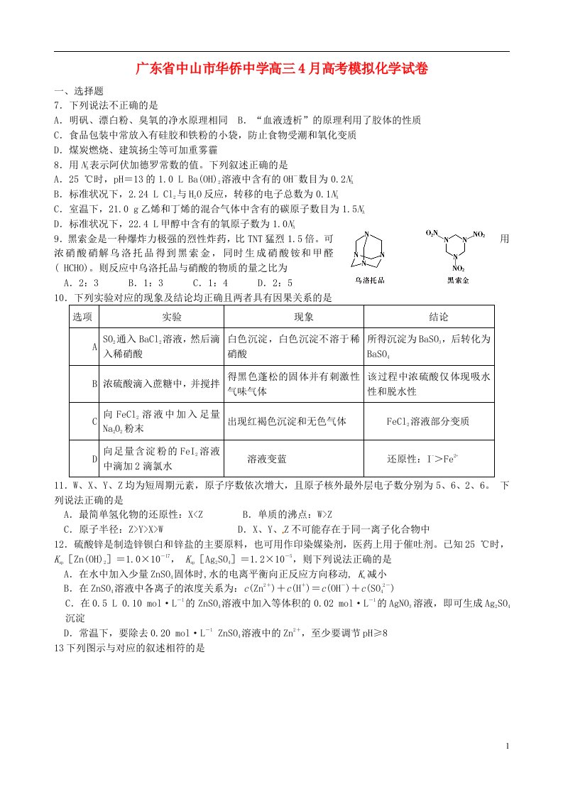 广东省中山市华侨中学高三化学4月模拟试题