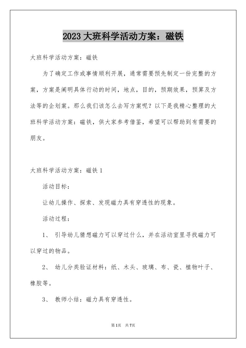 2023大班科学活动方案：磁铁