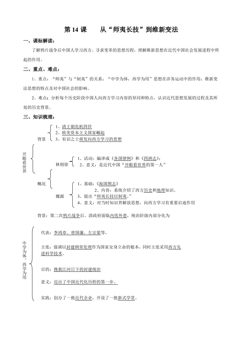 历史：第14课《从“师夷长技”到维新变法》学案（新人教版必修3）