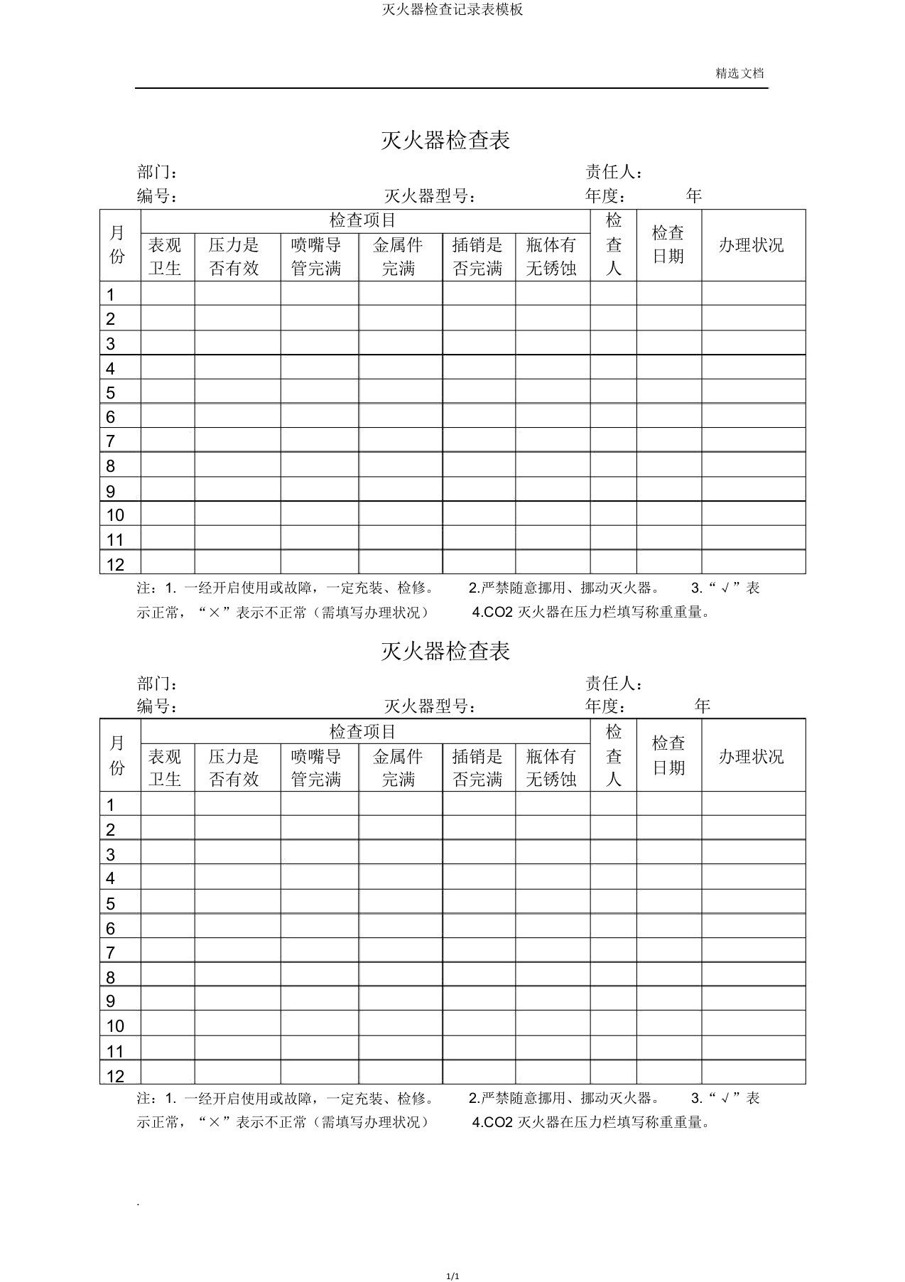 灭火器检查记录表模板