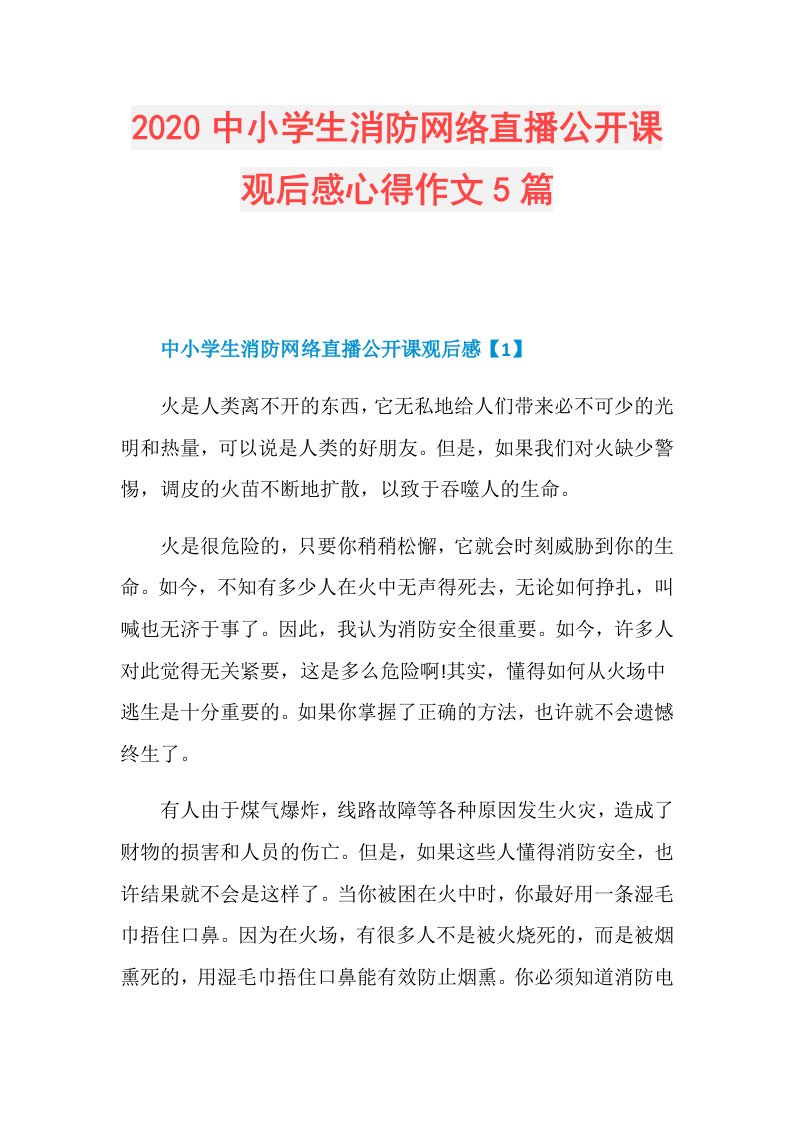 中小学生消防网络直播公开课观后感心得作文5篇