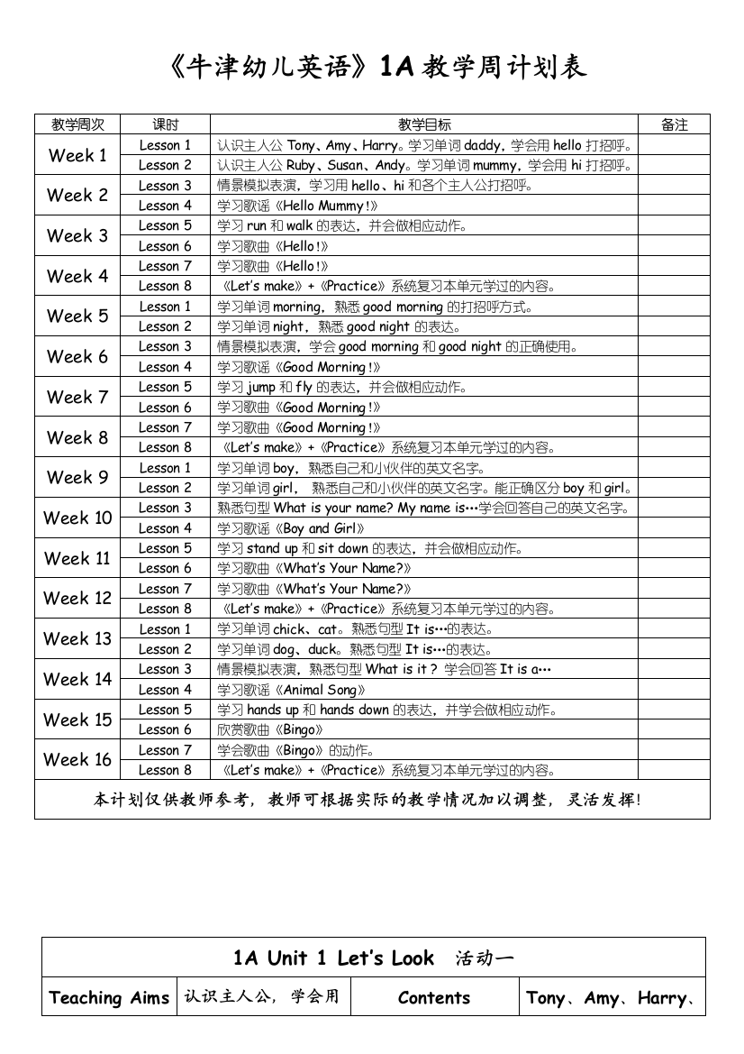 牛津幼儿英语1A教案