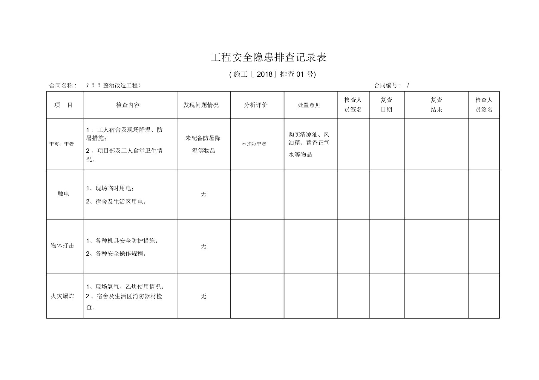 工程安全隐患排查记录表(4月)