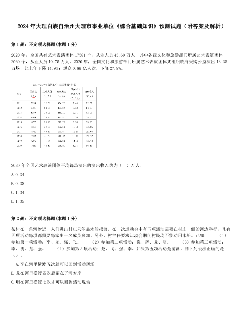 2024年大理白族自治州大理市事业单位《综合基础知识》预测试题（附答案及解析）