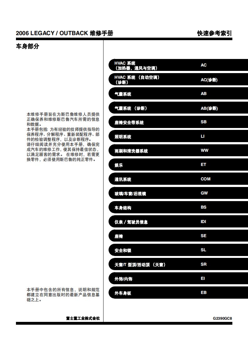 2006款斯巴鲁力狮、傲虎车身部分原厂维修手册