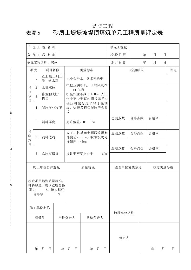 建筑资料-表堤6砂质土堤堤顶填筑单元工程质量评定表