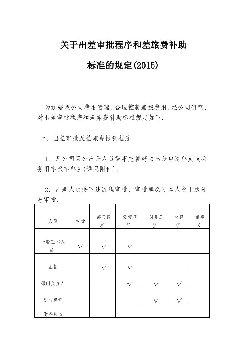 关于出差审批程序和差旅费补助标准规定(1)