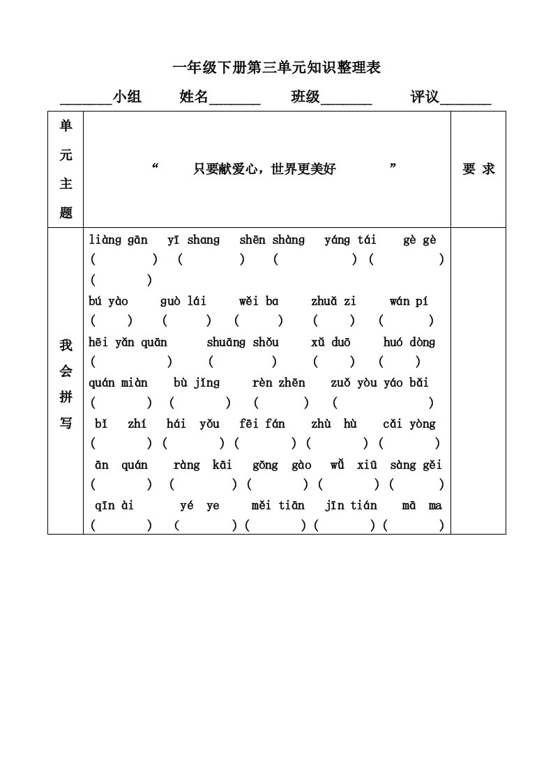 一年级下册第三单元知识整理表