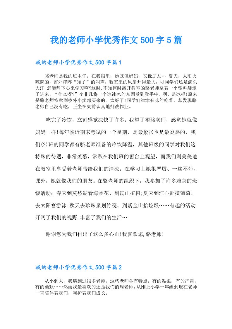 我的老师小学优秀作文500字5篇