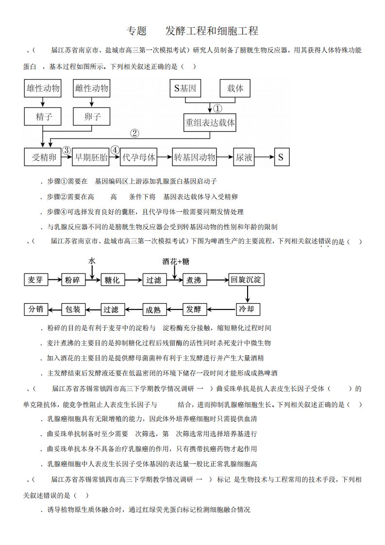 2024年江苏省各地高三生物高考一模试卷专题汇编