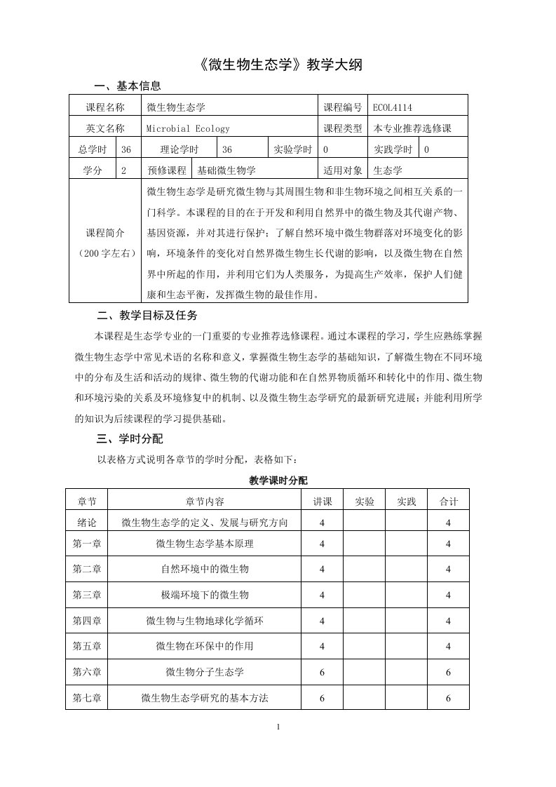 微生物生态学（理论课）教学大纲-南京农业大学资源与环境科学学院