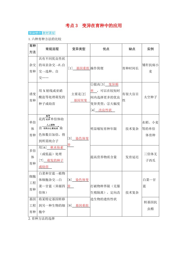 备考2024届高考生物一轮复习讲义第七章生物的变异和进化课时2染色体变异与生物育种考点3　变异在育种中的应用