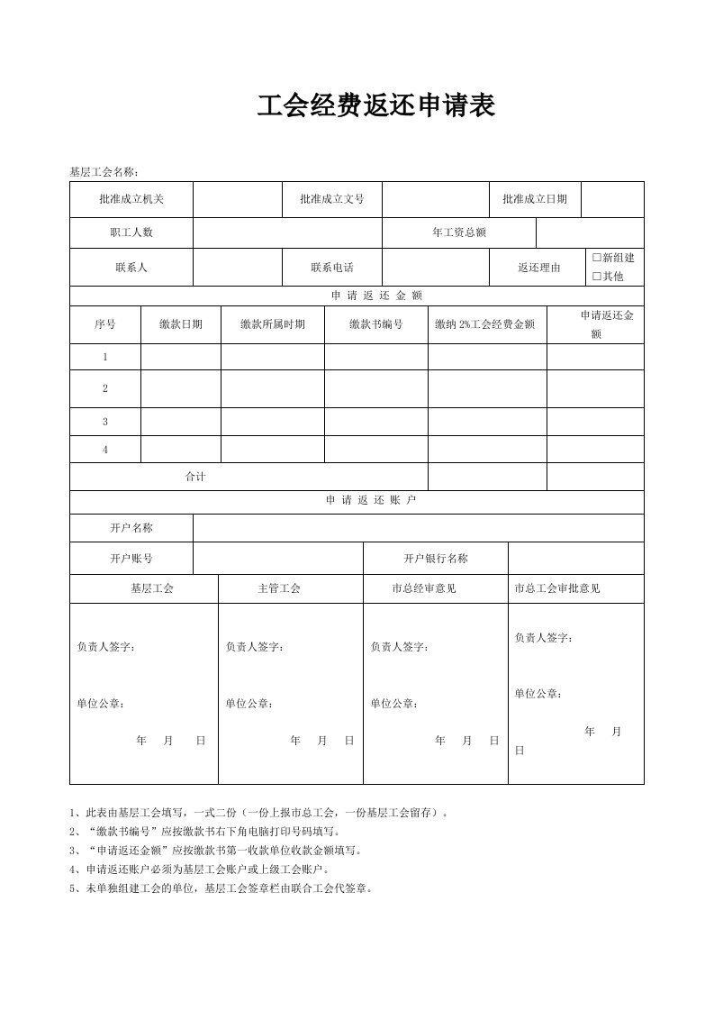 工会筹备金工会经费返还申请表-广元总工会