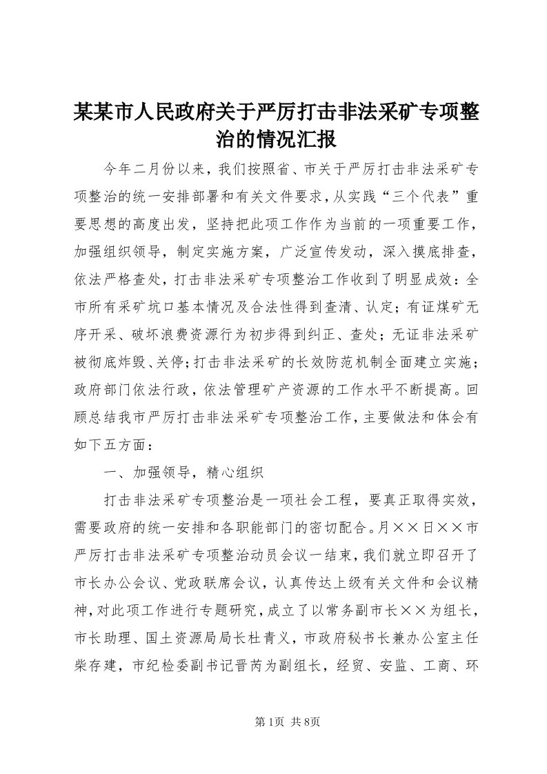 4某某市人民政府关于严厉打击非法采矿专项整治的情况汇报