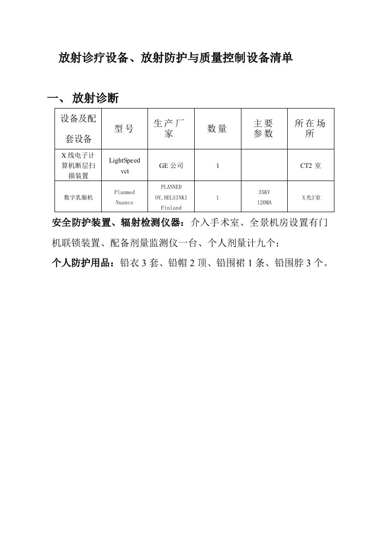 放射诊疗设备、放射防护与质量控制设备清单