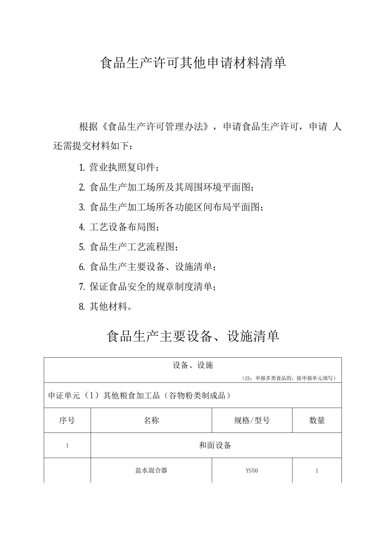 食品生产许可其他申请材料清单(填写)