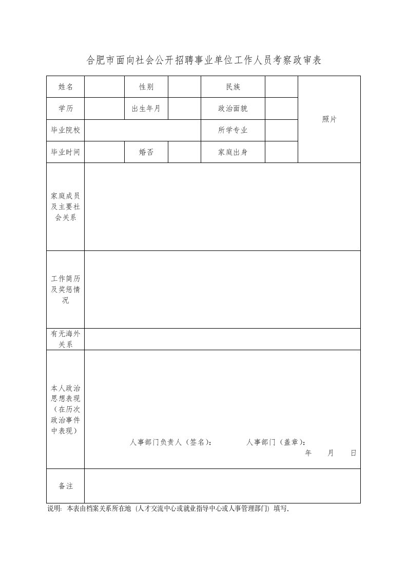 合肥市面向社会公开招聘事业单位工作人员考察政审表